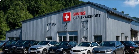 Depot van Swiss Car Transport in Frick met gestalde auto's