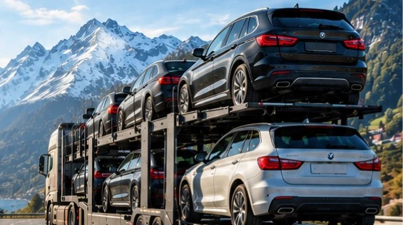 Autotransporter met SUV's op een bergweg in Zwitserland